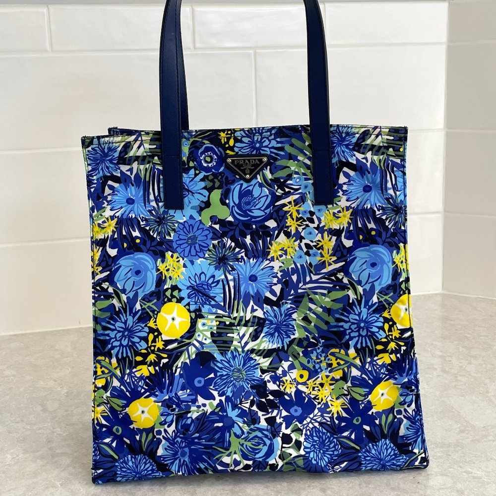 $995 Prada Nylon Floral Print Blue/Yellow Tote Bag